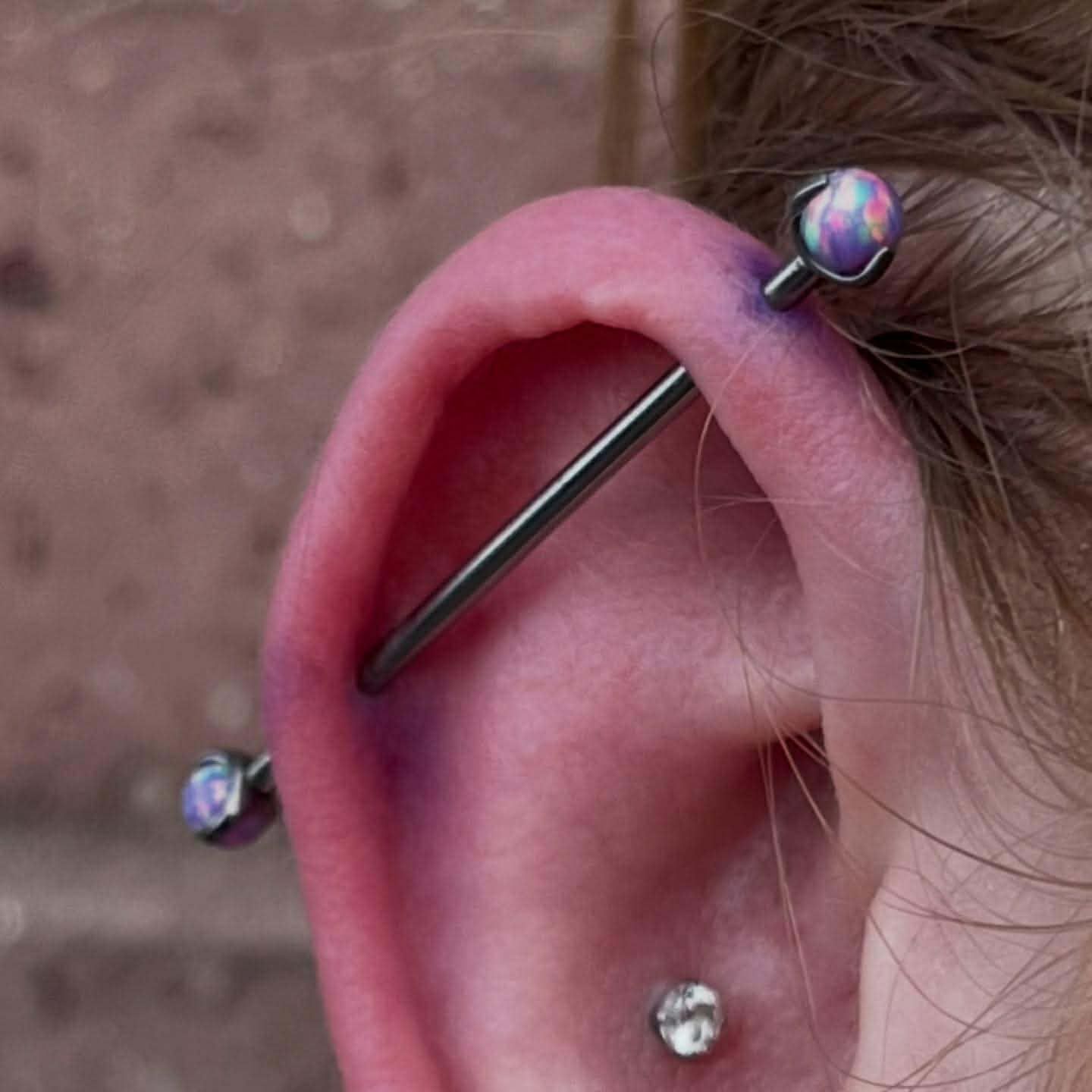 Ear with industrial piercing, purple ear, and a small stud piercing.