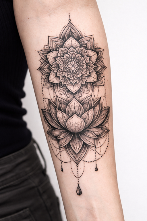 Detailed black ink lotus and mandala tattoo on an arm.