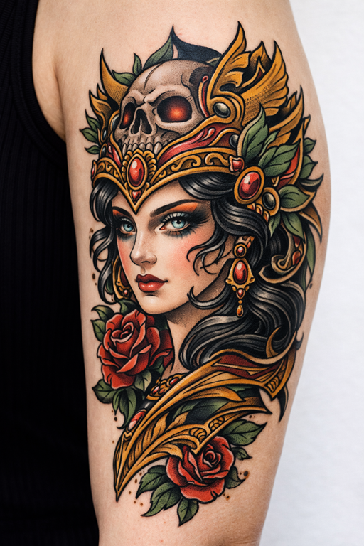 Tattoo of a woman with a skull crown, red-eyed skull, roses, and gold details on an arm.