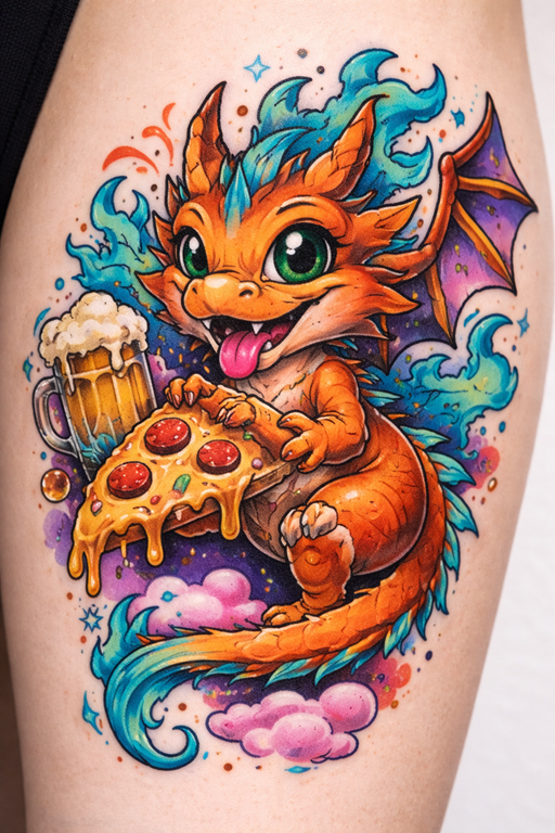 Orange cartoon dragon with pizza and beer, surrounded by colorful smoke and stars.