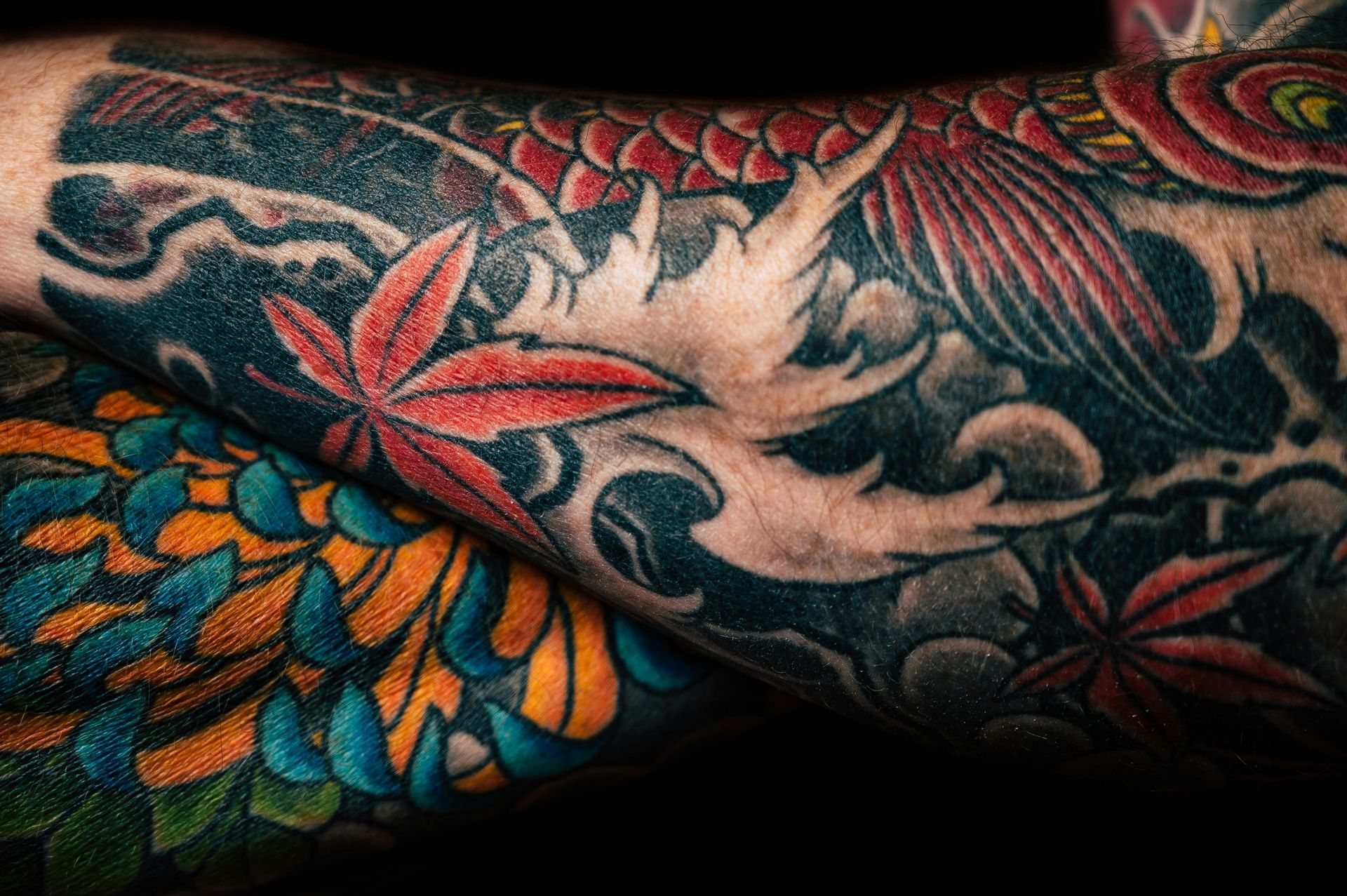 Japanese-style tattoo on an arm, featuring koi fish, maple leaves, and waves in red, black, and blue.