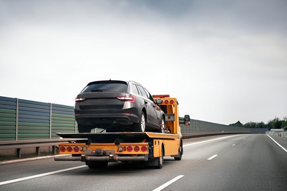 A Tow Truck Is Towing A Car On The Highway — Ollies Towing & Shipping Container Sales in Murgon, QLD