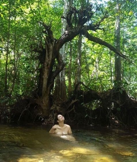 Uma mulher está nadando em um rio na floresta