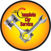 Logo for Complete Car Service: Piston and wrench over a speedometer with "Complete Car Service" text.