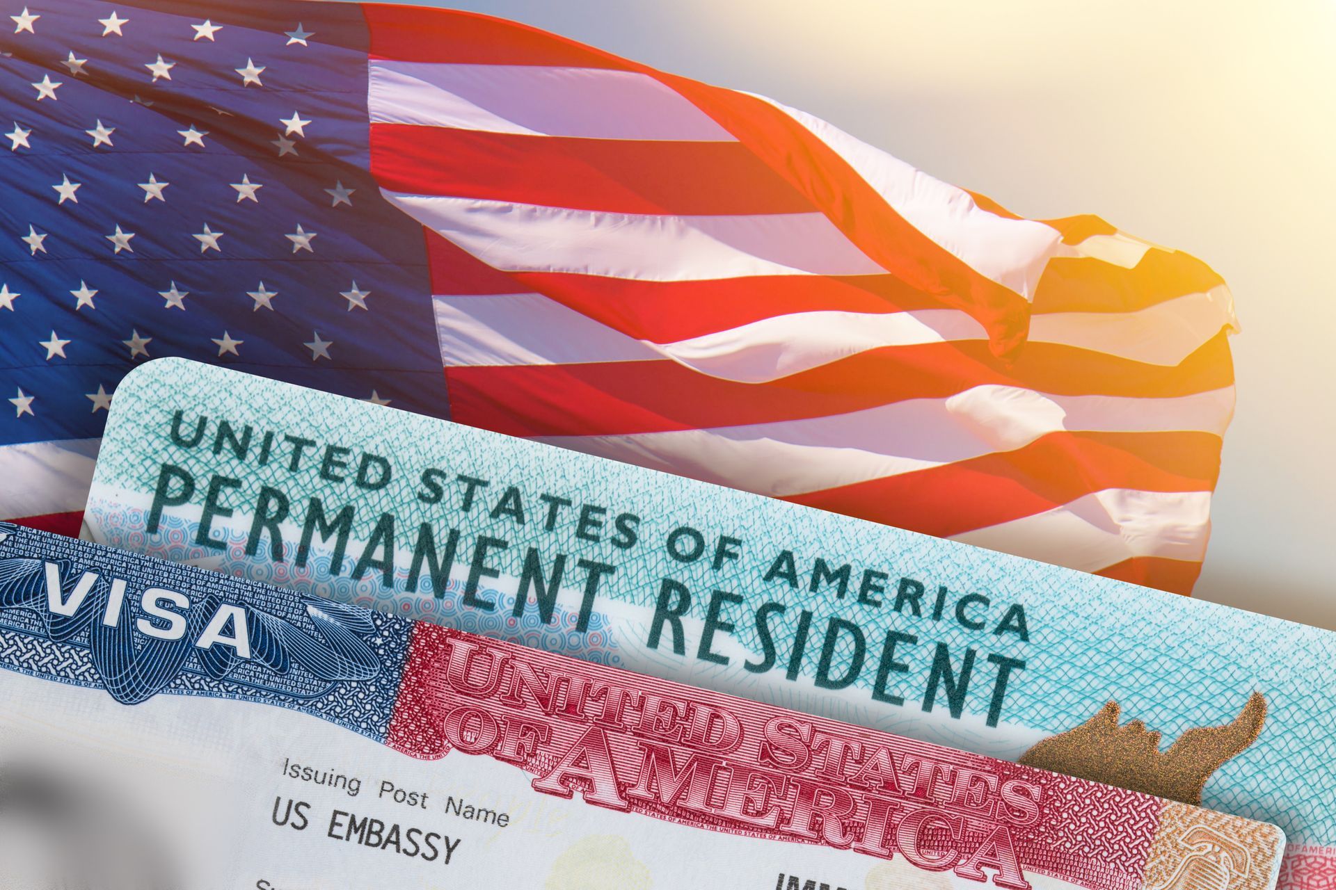 A united states of america permanent resident visa with an american flag in the background.