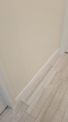 A close up of a wooden floor next to a door in a room.