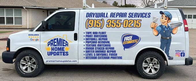 A drywall repair services van is parked in front of a house.