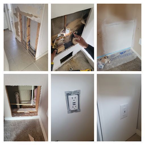 A collage of pictures of a bathroom being remodeled.