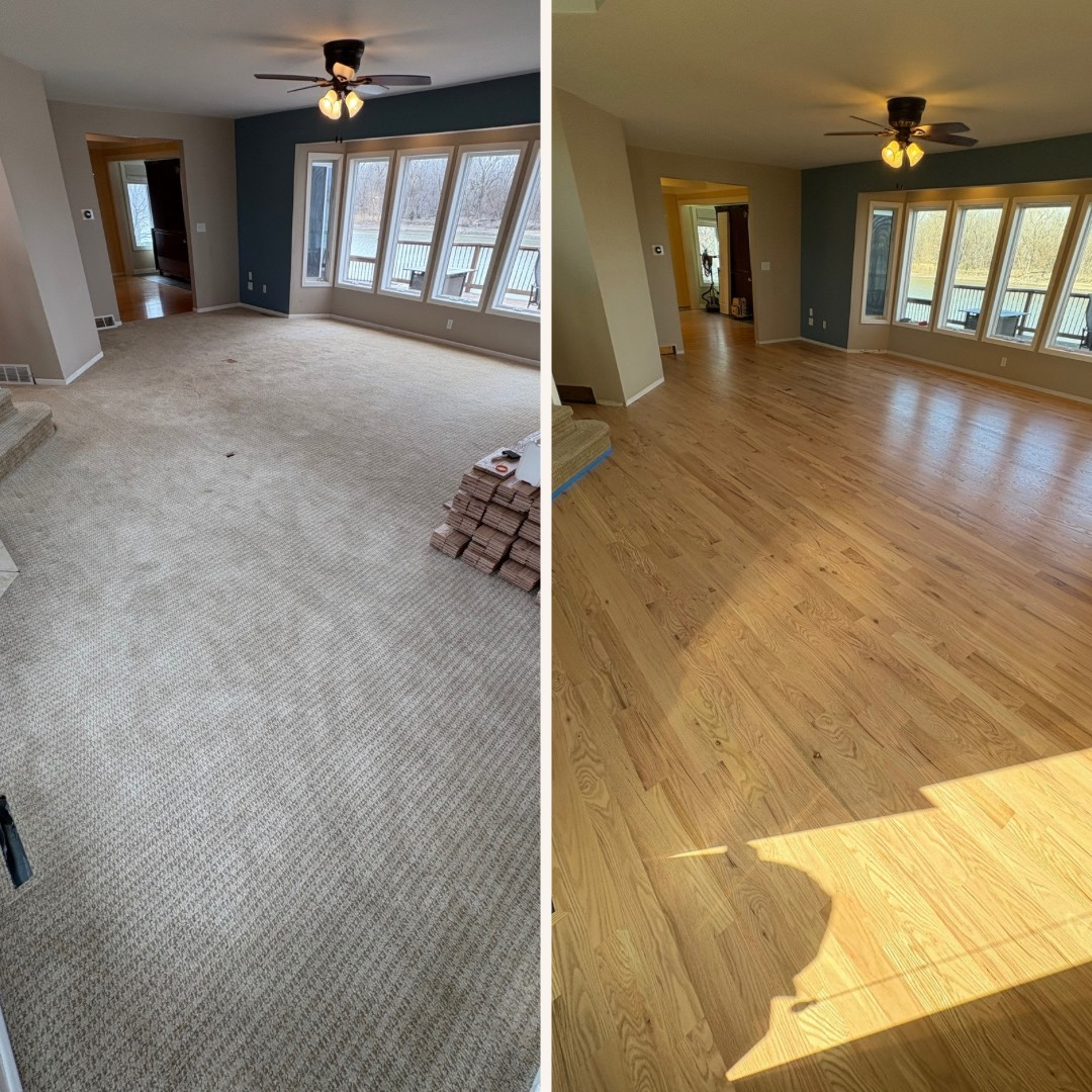 Picture showing a carpet replacement for hardwood floors. You can see a split image of a livingroom with carpet and that same living room with hardwood floors.