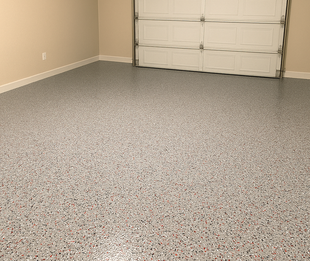 Picture of speckled garage flooring.