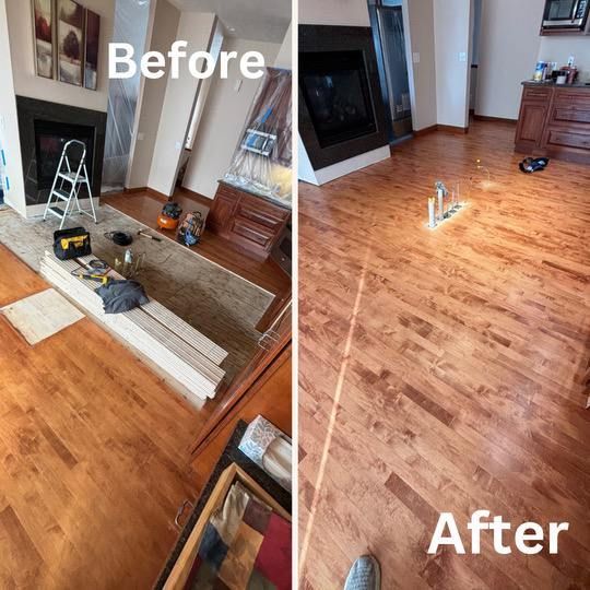 Image Showing a side-by-side comparison of a hardwood floor install. 