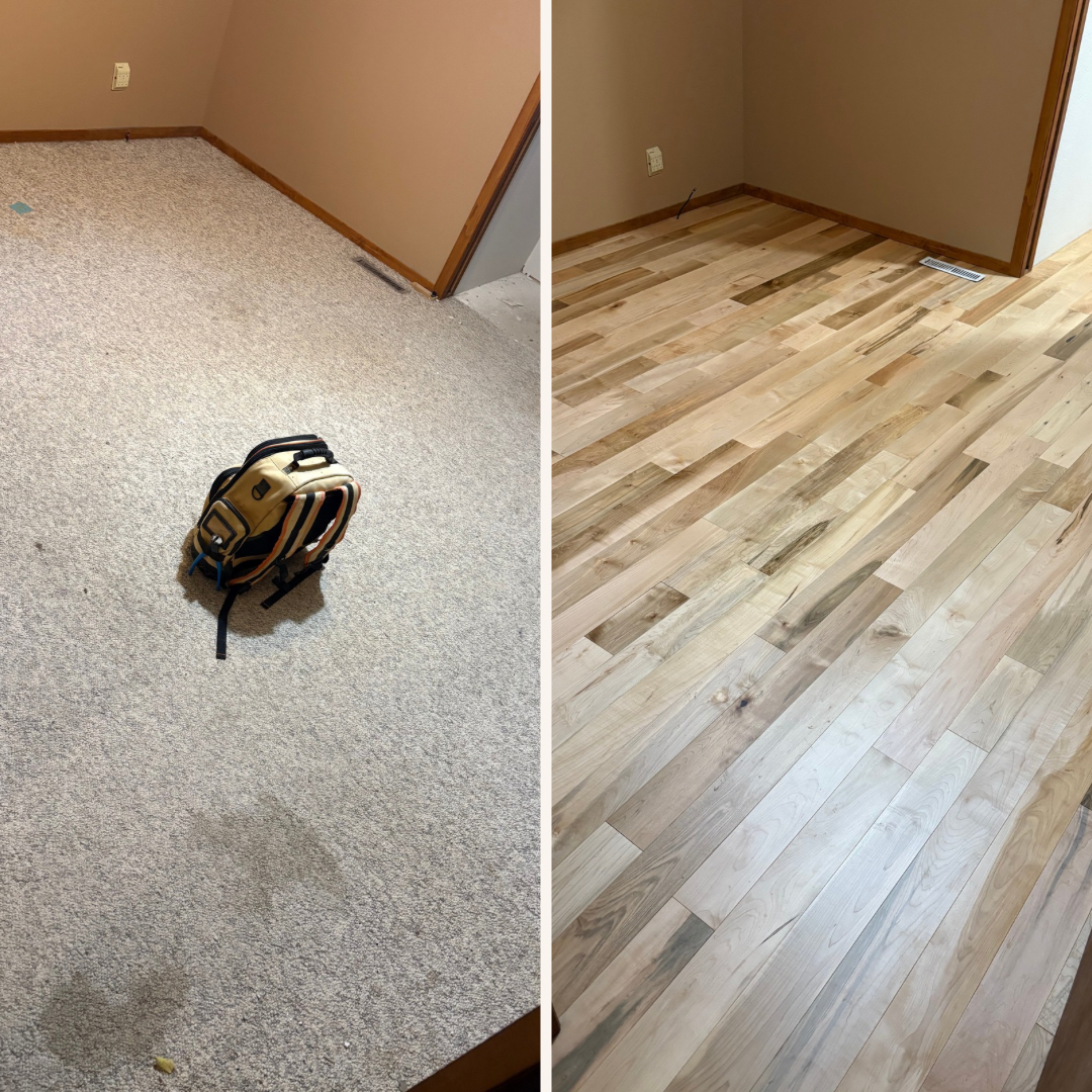 Image of hardwood floor installation services done by InfinityFlooring. You can see a before picture of carpet and after picture of wood flooring. 