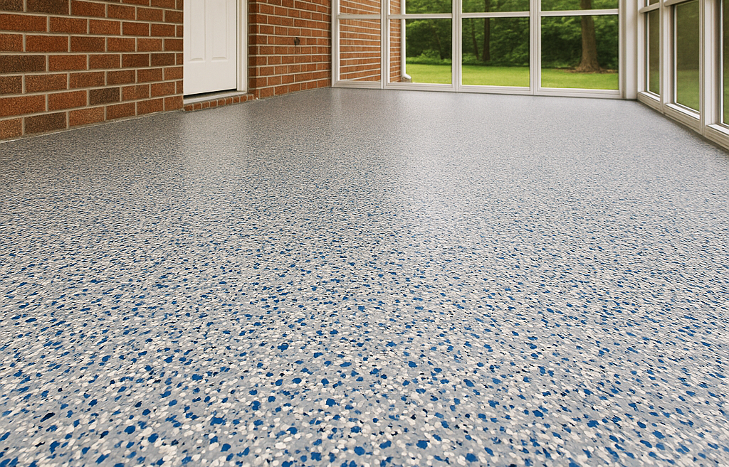 A speckled gray and blue flooring floor in a sunroom overlooking some trees in a yard. 