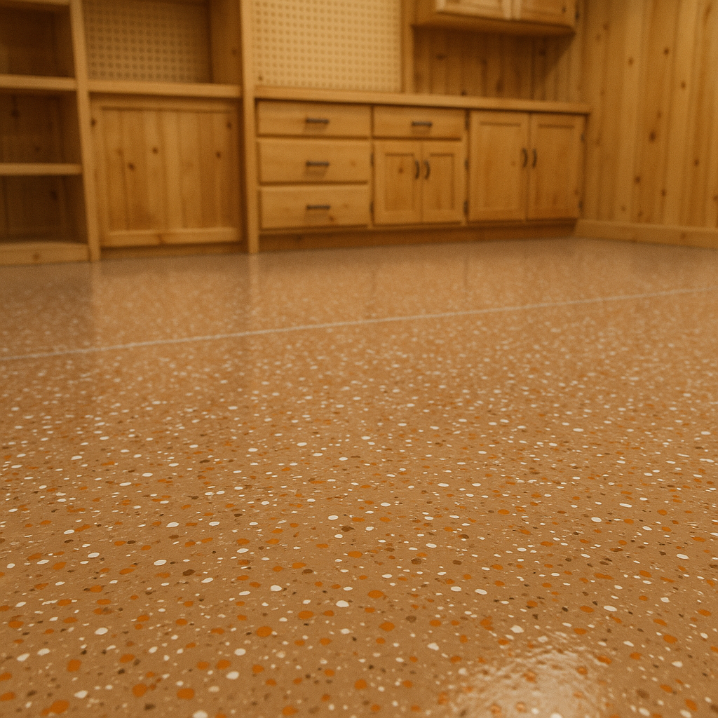 Epoxy floor rendering done with AI showing a utility room with a new epoxy floor.