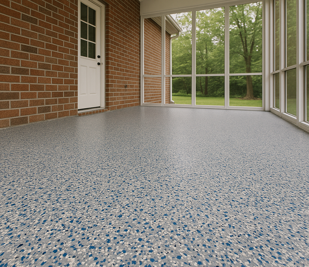 Epoxy floor rendering done with AI showing a utility room with a new epoxy floor.