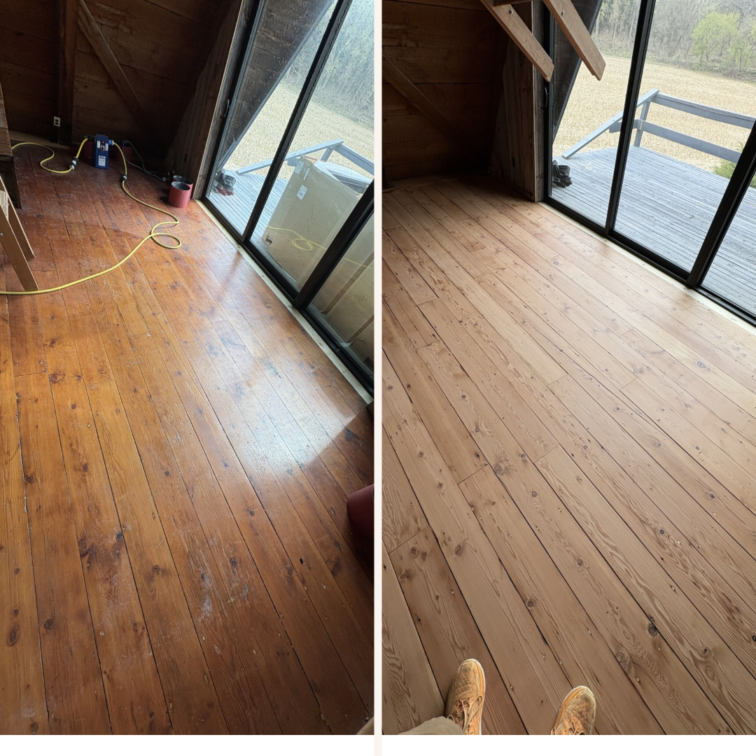Picture showing Hardwood Flooring Services. You can see the before and after image of a wood floor that was just installed and polished. 