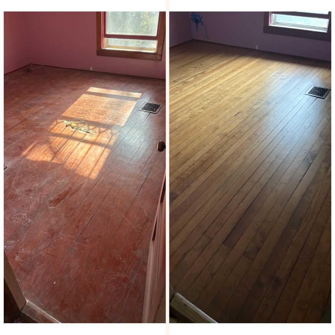 Image of hardwood floors before and after restoration. On the left side of the image you can see a faded wood floor that was painted red. On the right side of the image you can see a newly restored hardwood floor. 