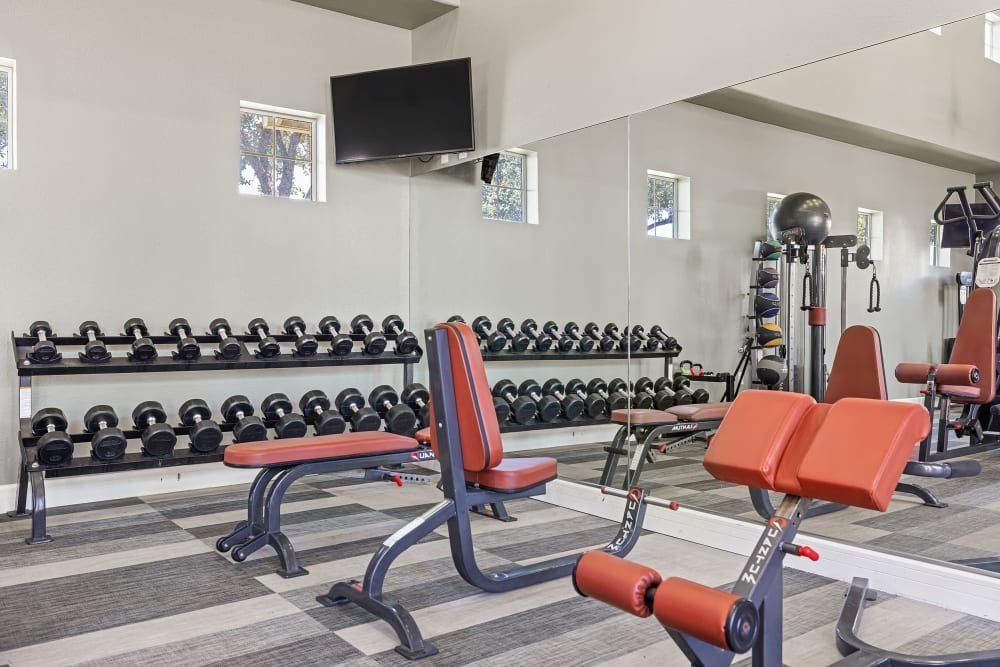 Fitness center with a lot of dumbbells and a large mirror at Marquis at The Woodlands in Spring, TX.
