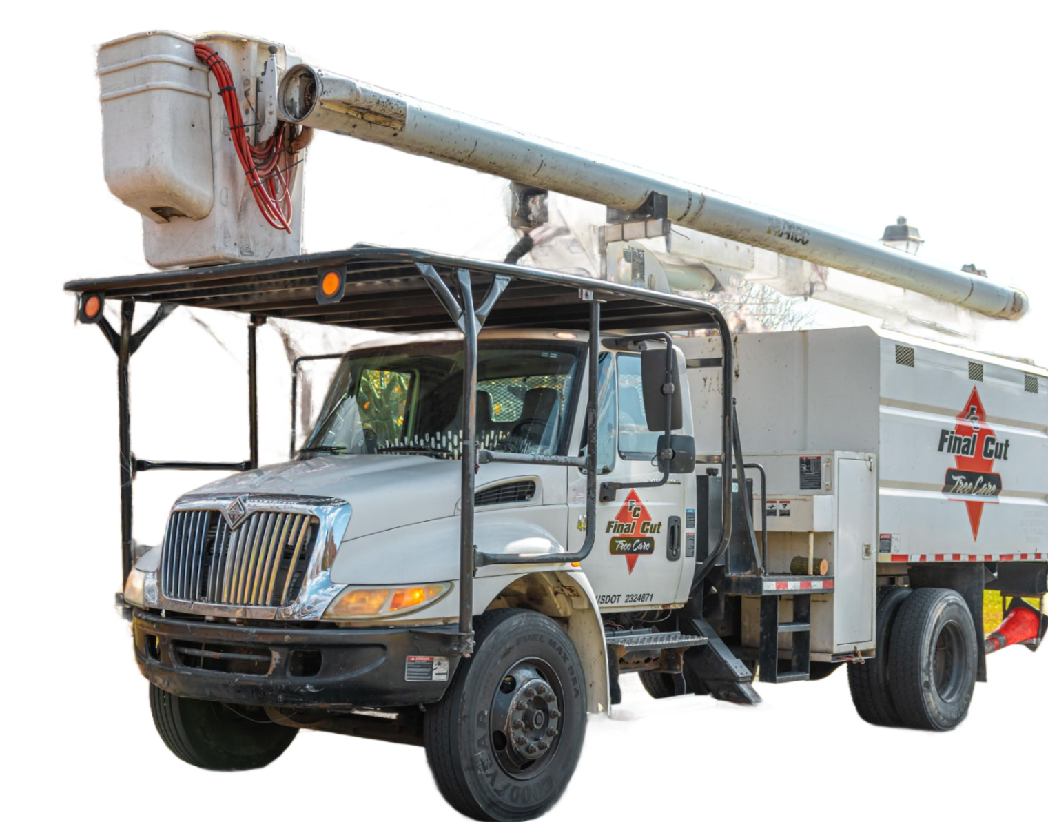White bucket truck with extended boom, for utility work.