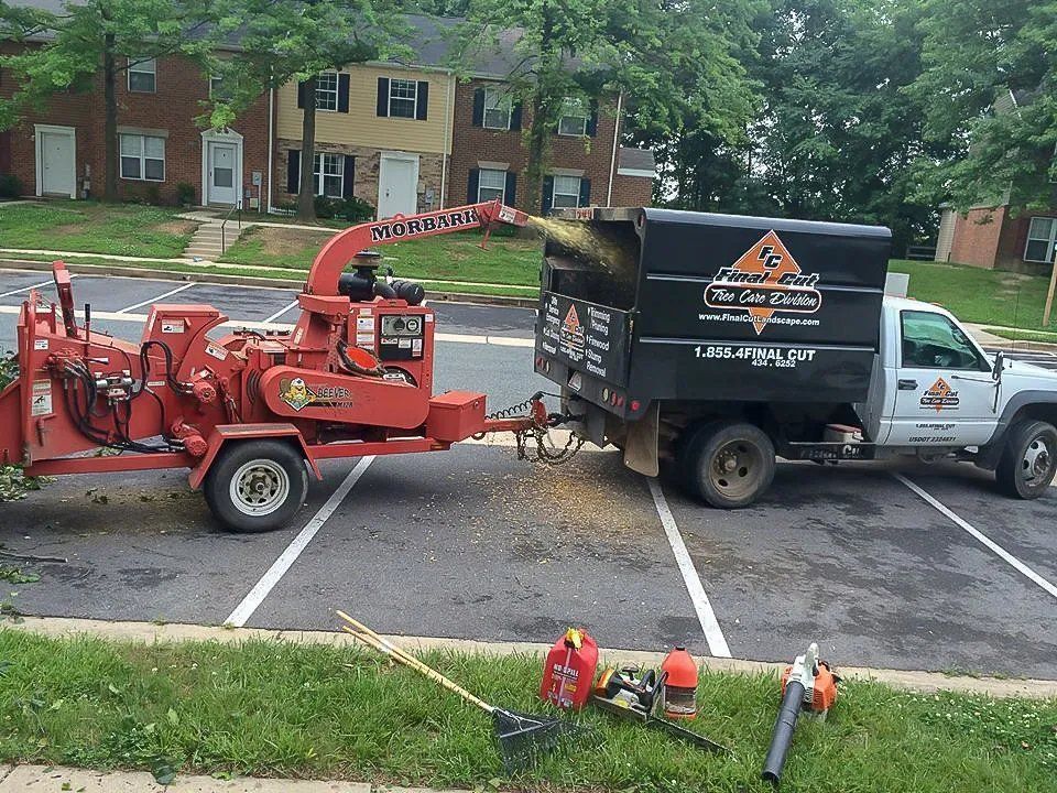 A wood chipper blowing wood chips into a truck in a parking lot.