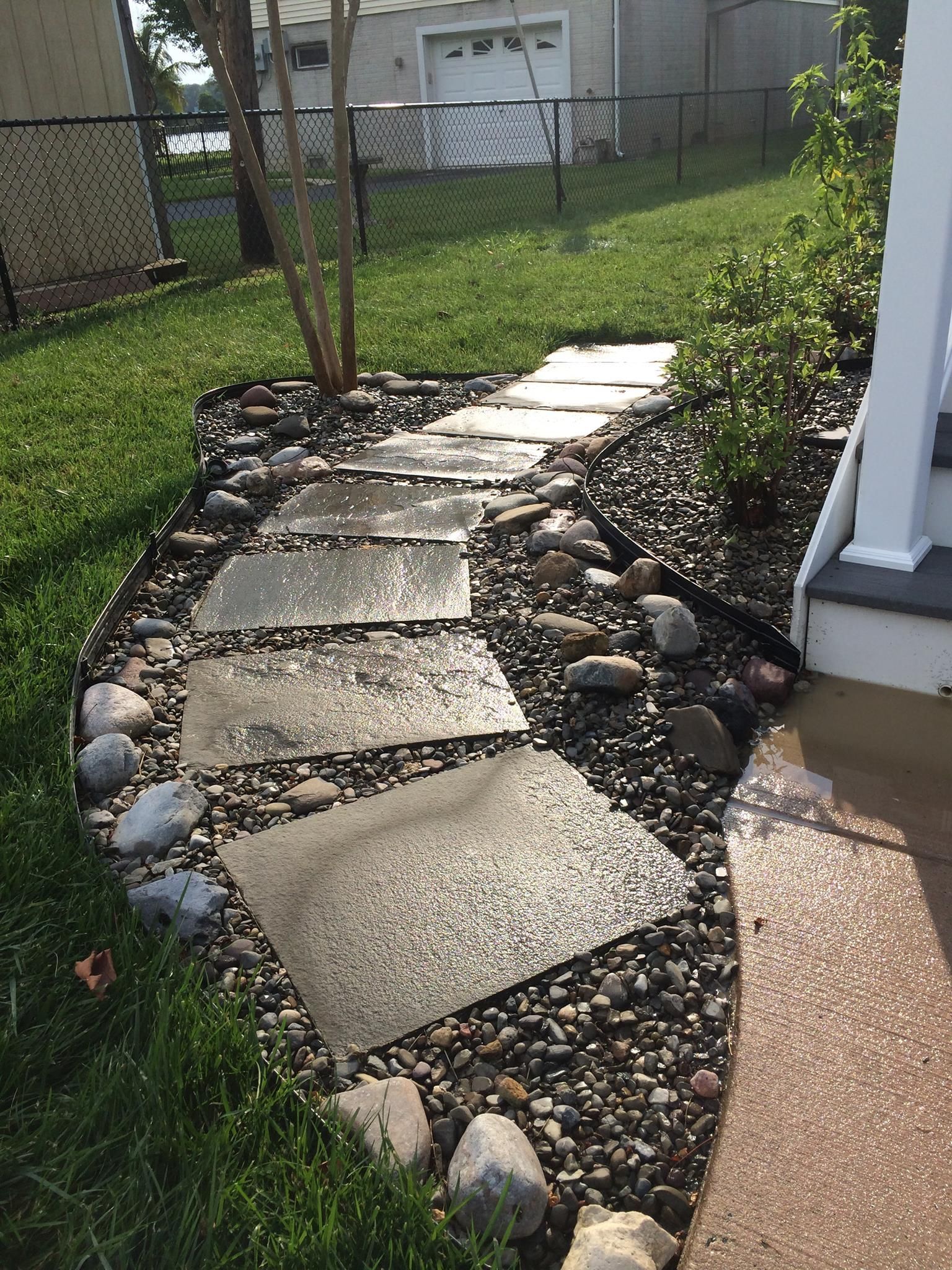Stone pathway bordered by rocks and small gravel, leading toward a house entrance, lush green lawn nearby.