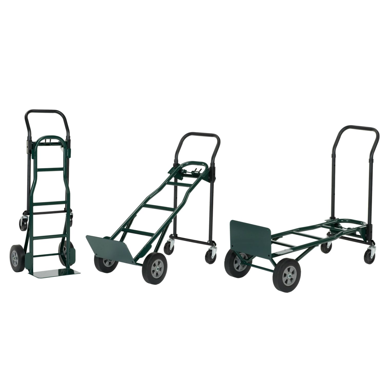 a set of four green hand trucks on a white background .