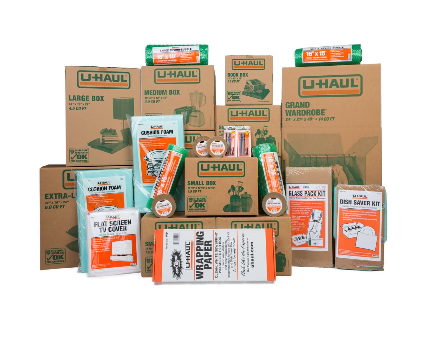 a bunch of boxes with u-haul written on them