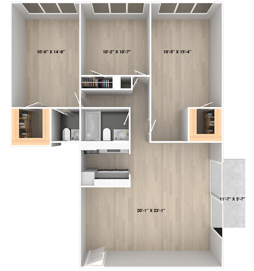 A floor plan of a house with hardwood floors and a balcony.