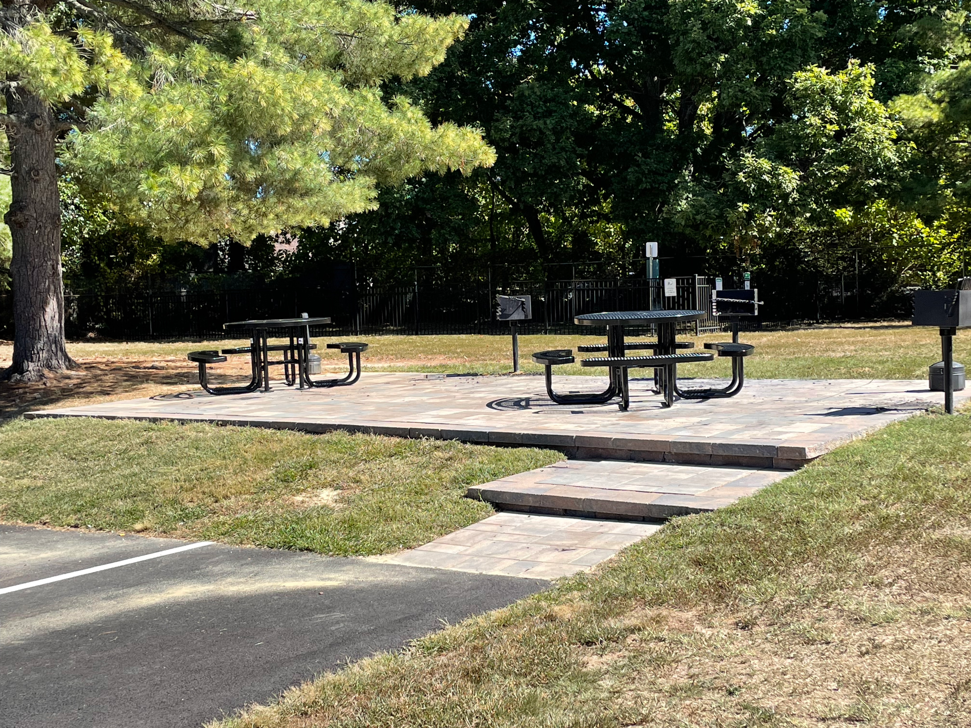 A group of picnic tables in a park with trees in the background