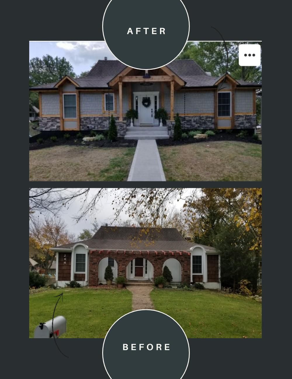 Before and after comparison of a home exterior remodel, showing a new porch, updated stone siding, and paved walkway.