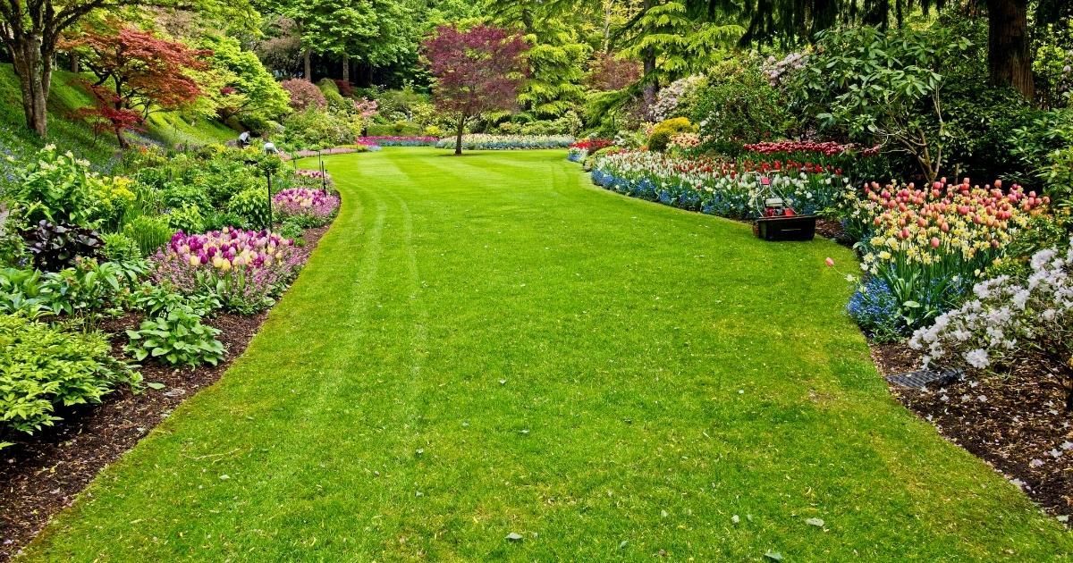 A vibrant green lawn stretches through a lush garden bordered by colorful flower beds and trees.