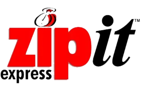A red and black logo for zipit express