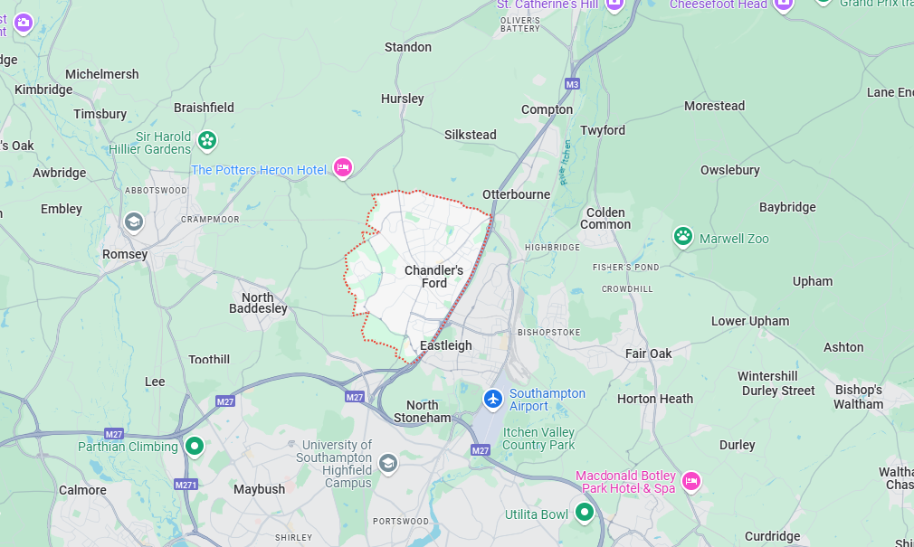 A map showing the location of a city and surrounding areas.