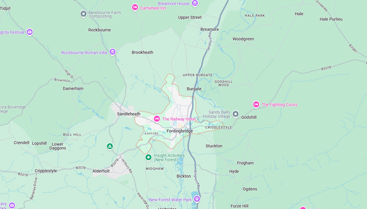 A map showing the location of a city and surrounding areas.