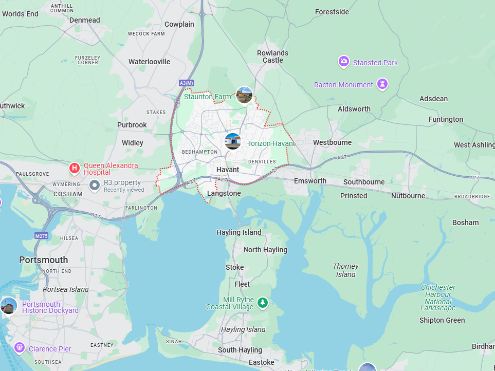 A map showing the location of a city and surrounding areas.