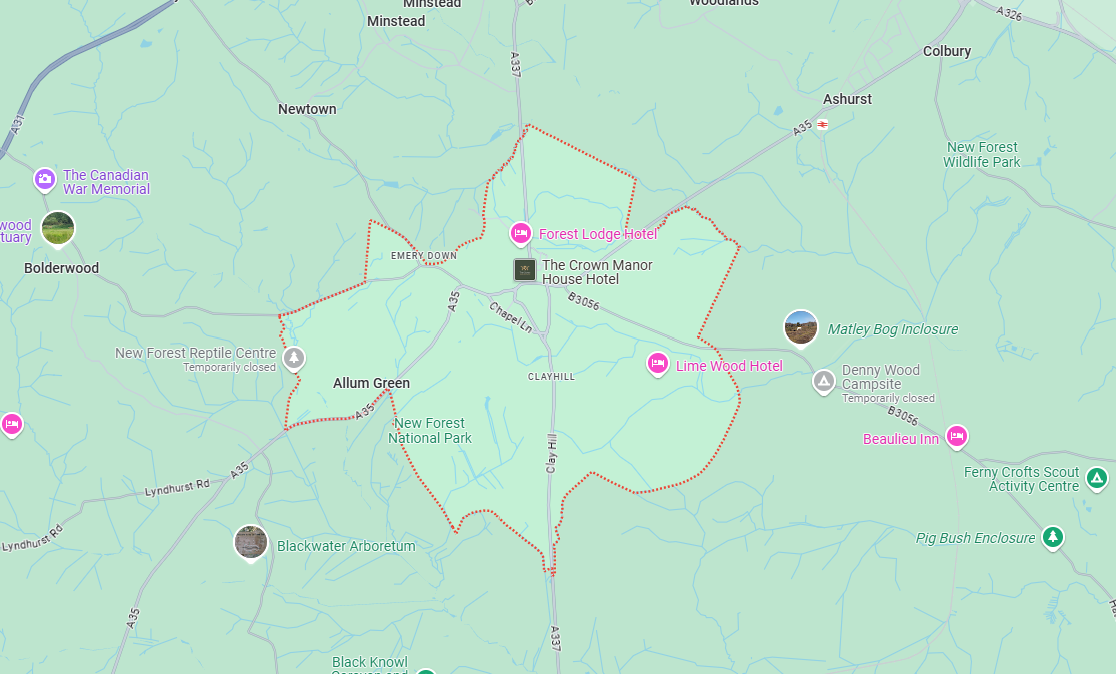 A map showing the location of a city and surrounding areas.
