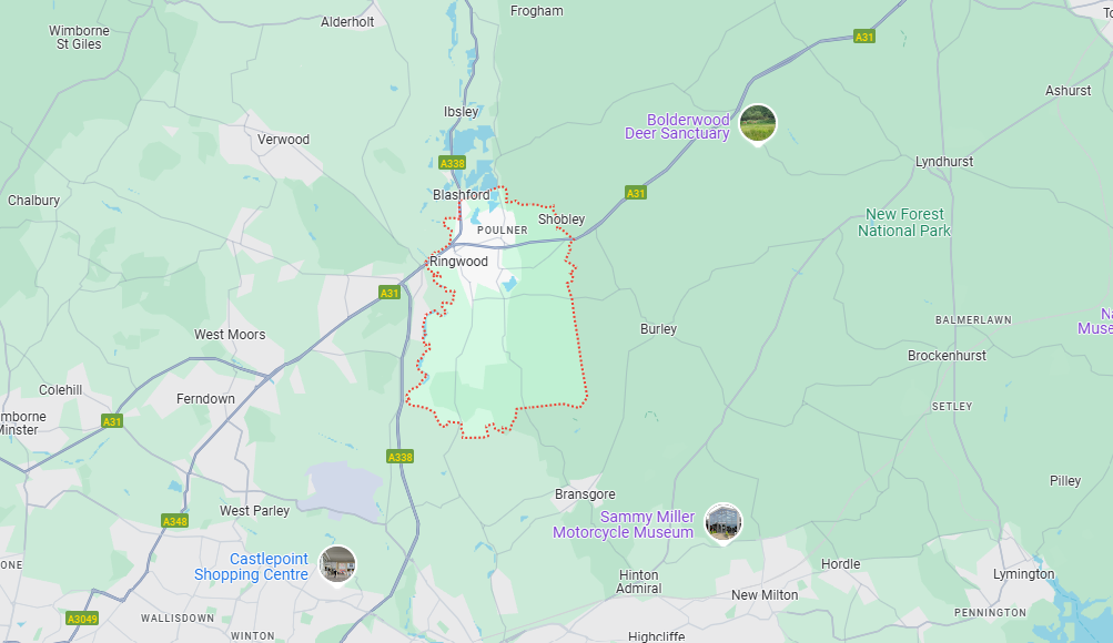 A map showing the location of a city and surrounding areas.