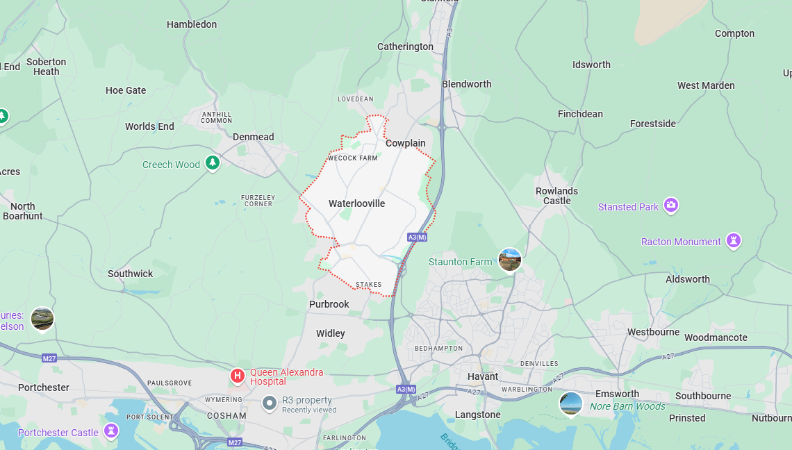 A map showing the location of a city and surrounding areas.