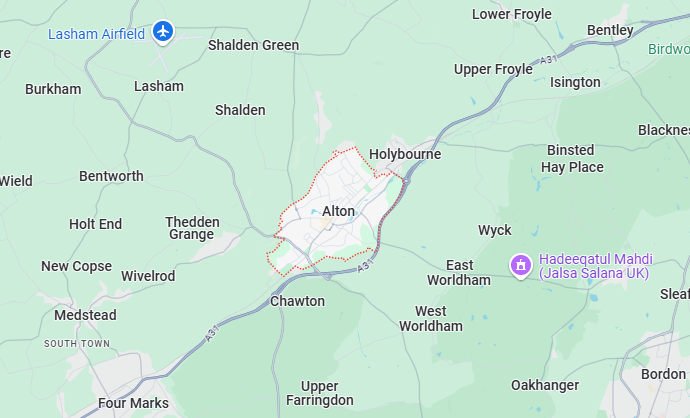 A map showing the location of a city and surrounding areas.