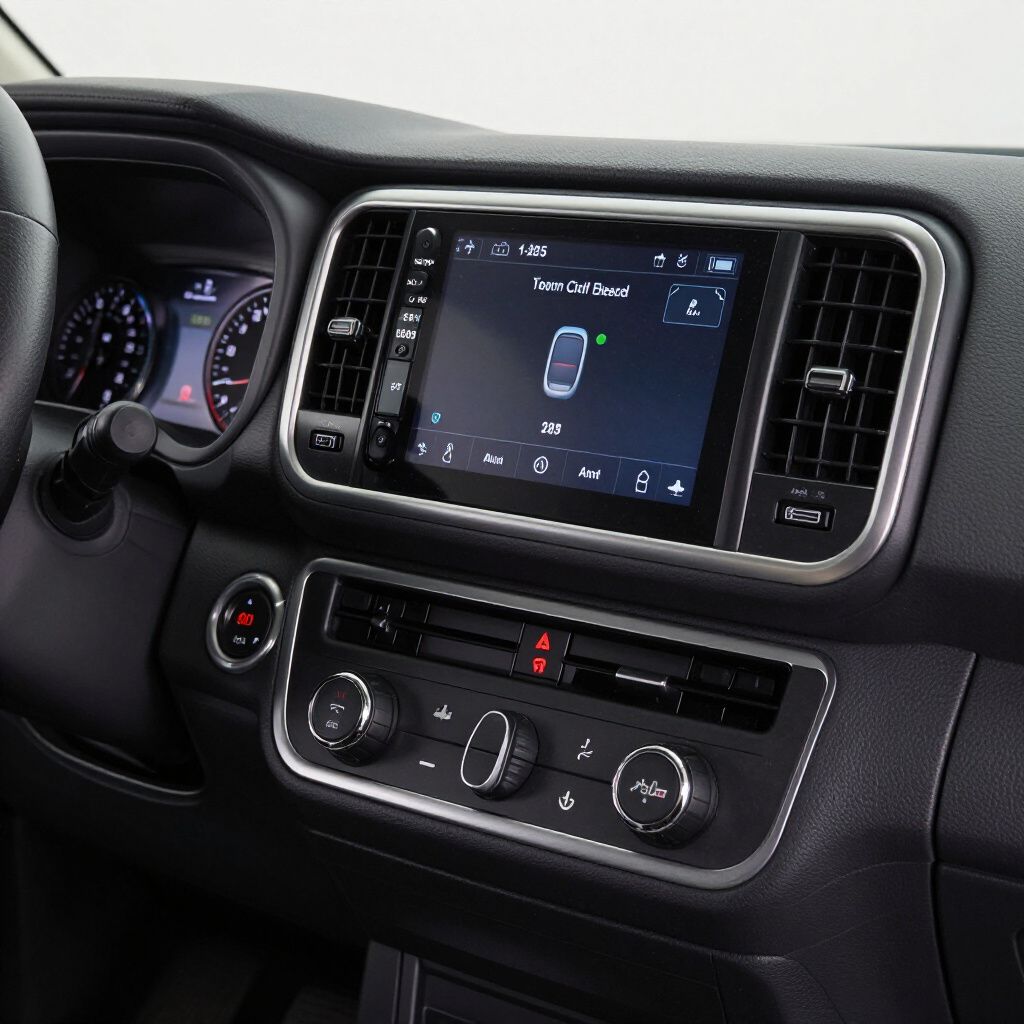 Tablero de instrumentos con pantalla de infoentretenimiento y controles de climatización.