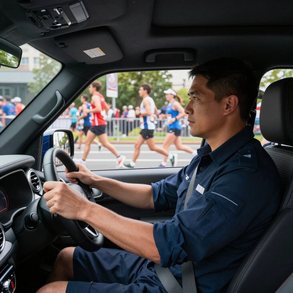 Hombre conduciendo un coche, observando a los corredores cruzar la calle durante una carrera.