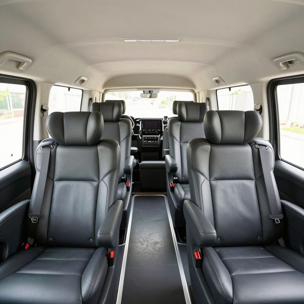 Interior de una furgoneta de pasajeros con filas de asientos de cuero negro y un pasillo central.