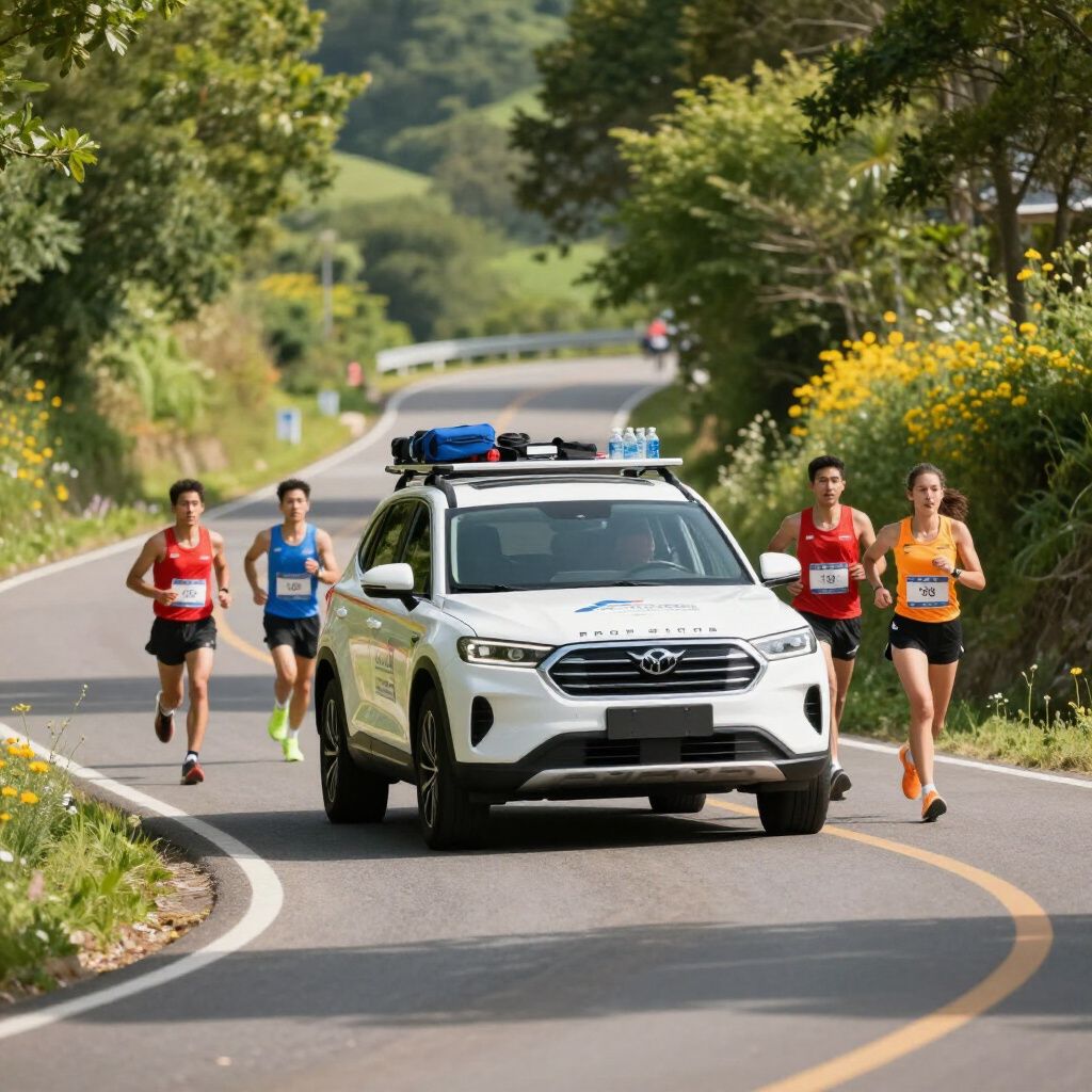Corredores en una carretera sinuosa con un vehículo de apoyo, día soleado, árboles.