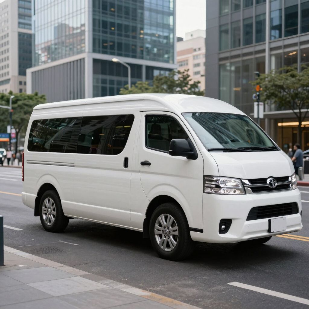 Furgoneta de pasajeros blanca en una calle de la ciudad, con rascacielos al fondo.