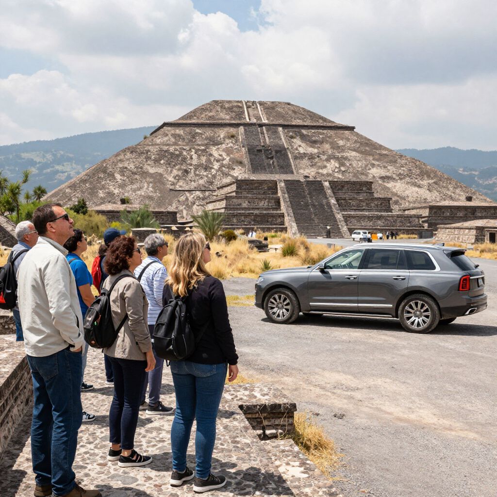 Turistas observando la Pirámide del Sol en Teotihuacán, México. Una camioneta gris está estacionada cerca.