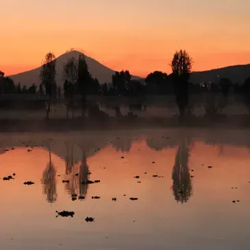 La puesta de sol sobre el lago refleja árboles y montañas; cielo naranja.