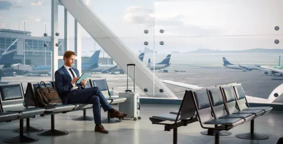 Hombre de traje usa tableta, sala de espera del aeropuerto, equipaje cerca, aviones visibles fuera de la ventana.