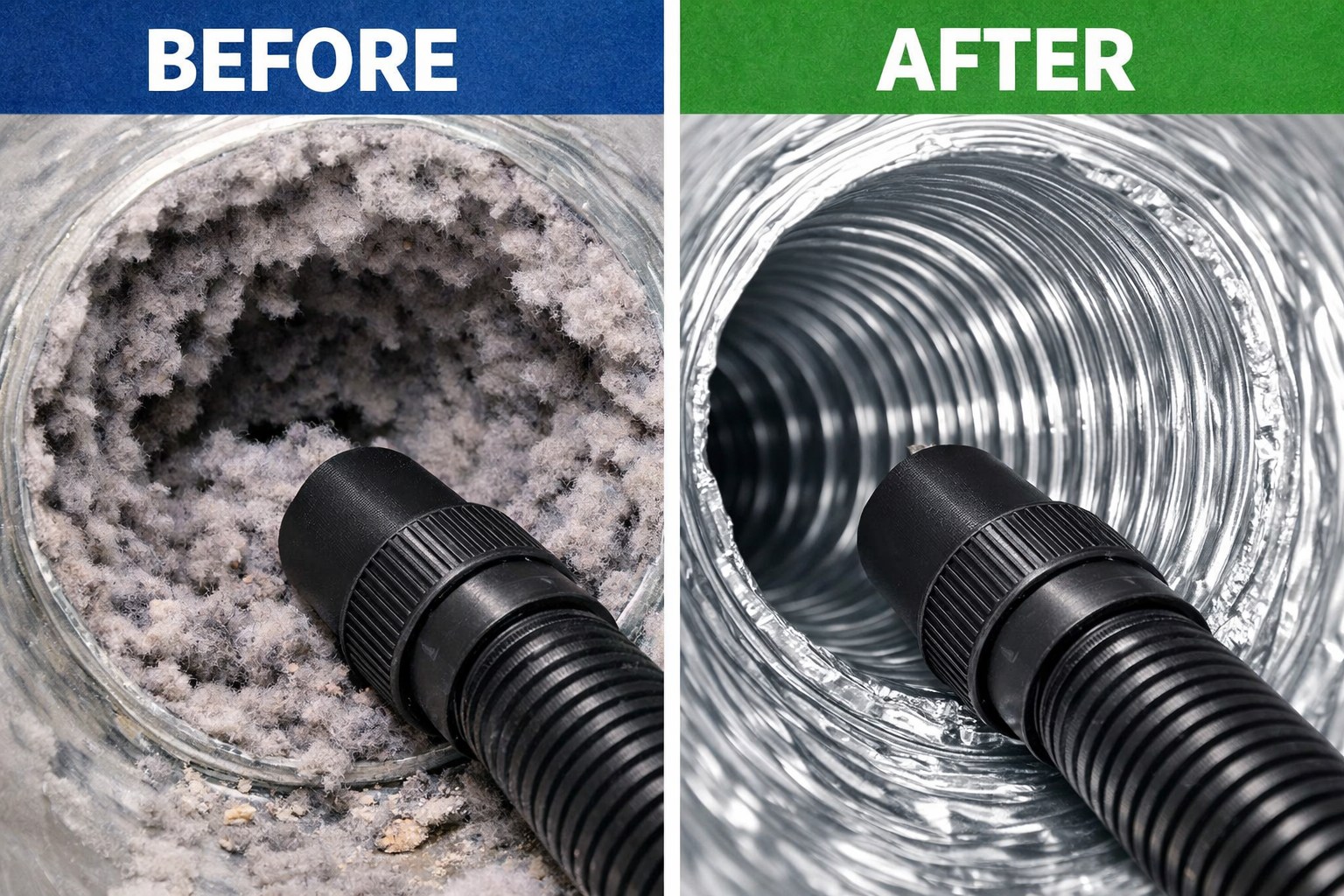 Before and after of duct cleaning, a vacuum hose inside a dirty duct and a clean duct.