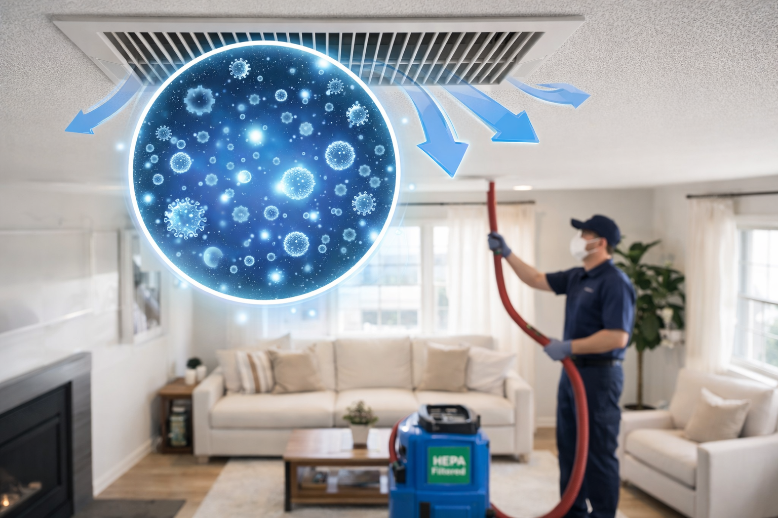 Man cleaning air vent in living room, highlighted particles, blue arrows.