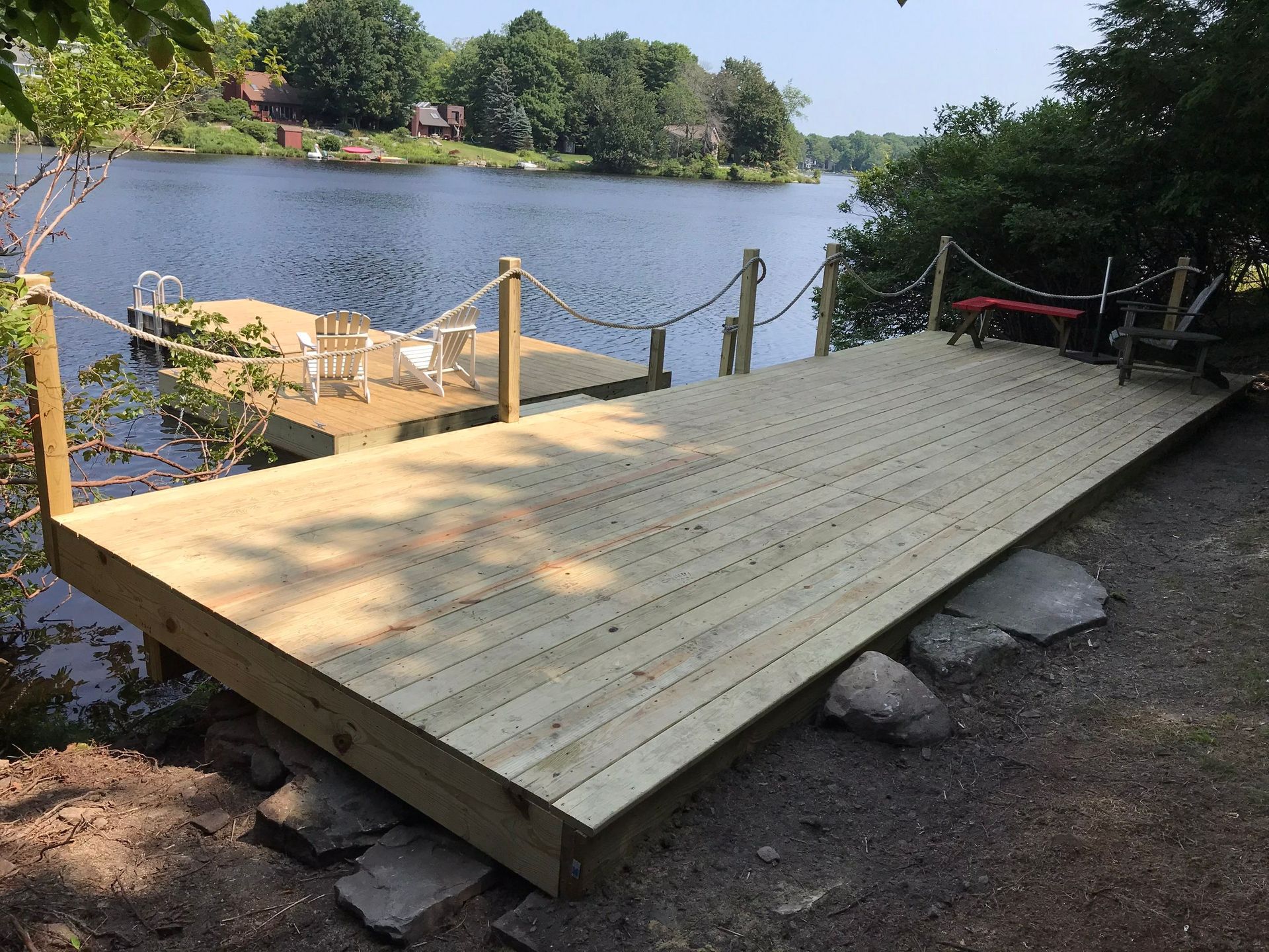 A wooden dock is sitting next to a lake.